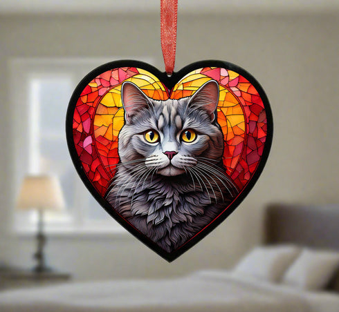 British Shorthair Cat Stained Glass Effect Heart Suncatcher